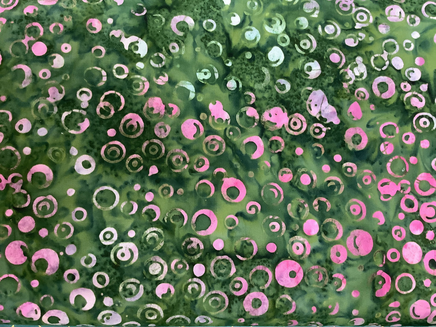 Batik Green with pink dots $14.96/m