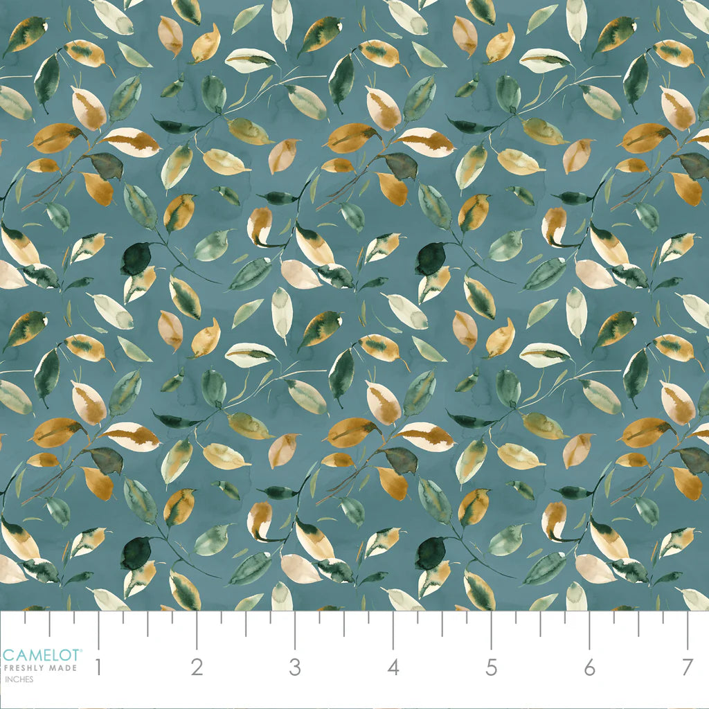Golden Hour-Sun Kissed Leafs- Teal $18.96/m