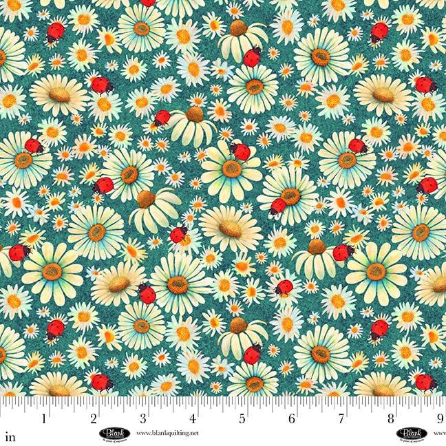 Luminous Haven-4457-67 Aqua-Daises and Ladybugs