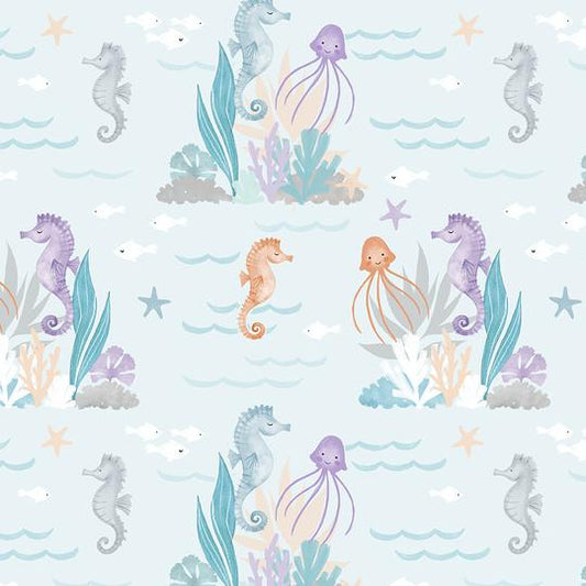 Underwater Whimsy - Seahorse & Jellyfish - Light Blue $22.96/m