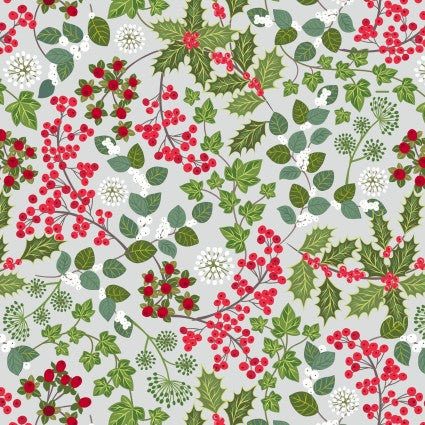 WINTER BOTANICAL BY LEWIS & IRENE-- Holly and ivy on light silver with pearl $22.96/m