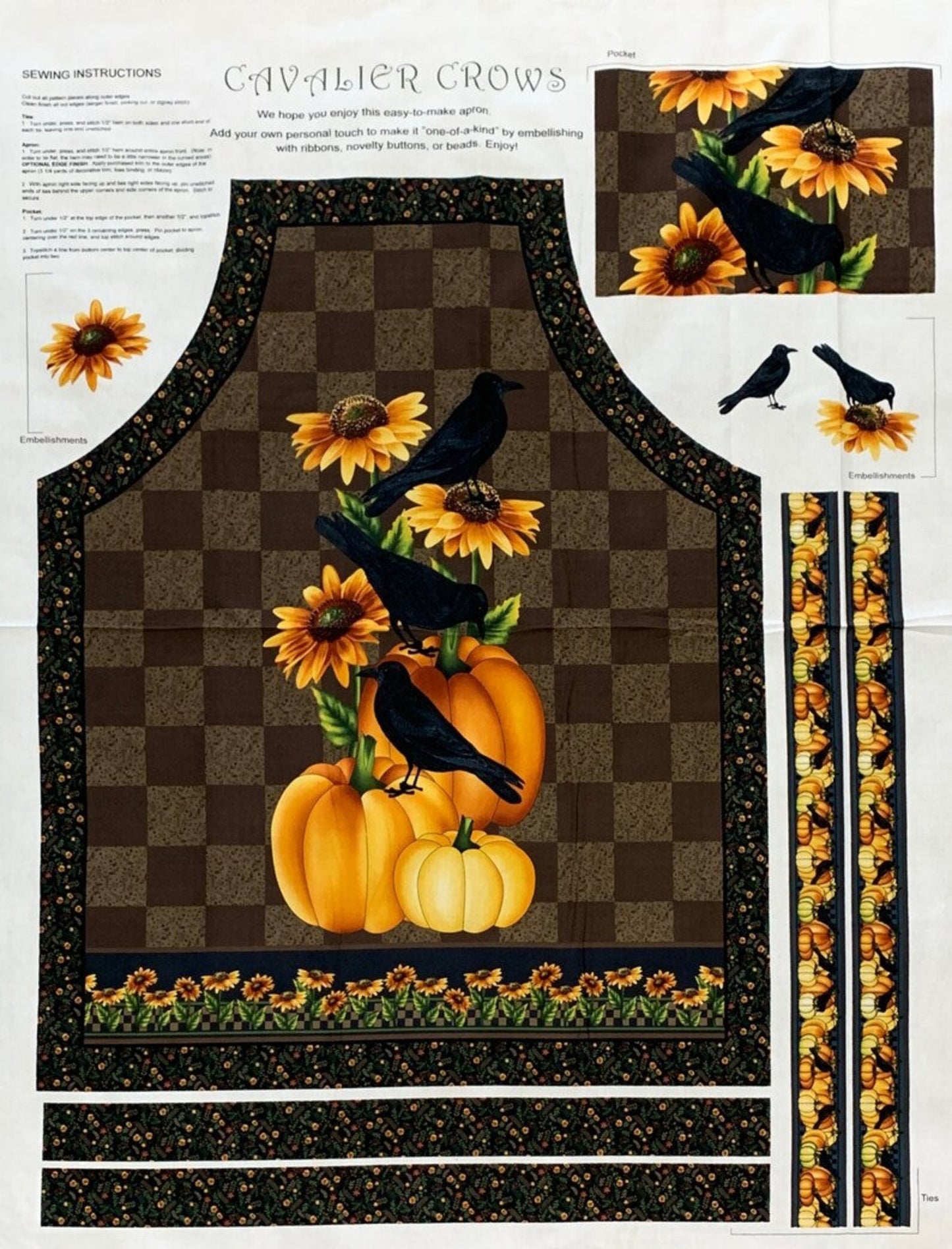 #202 Cavalier Crows with sunflowers Apron Panel $19.95