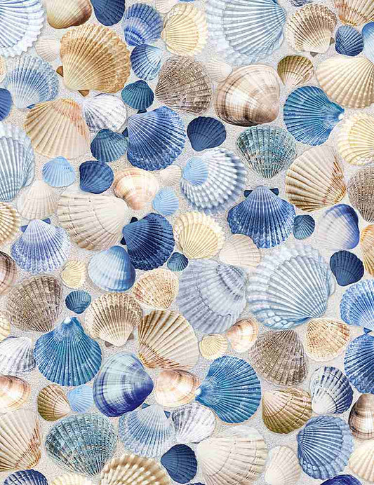 Beach dreams packed blue seashells on blue $21.96/m
