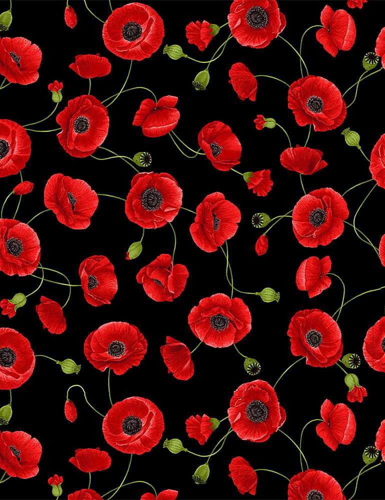 Wild Poppy tossed medium RED POPPIES FLEUR-C8475-BLACK by Timeless Treasures $21.96/m