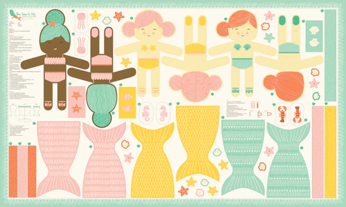 #100 THE SEA AND ME BY STACY IEST HSU FOR MODA - 36" x 60" mermaid doll panel $26.95.