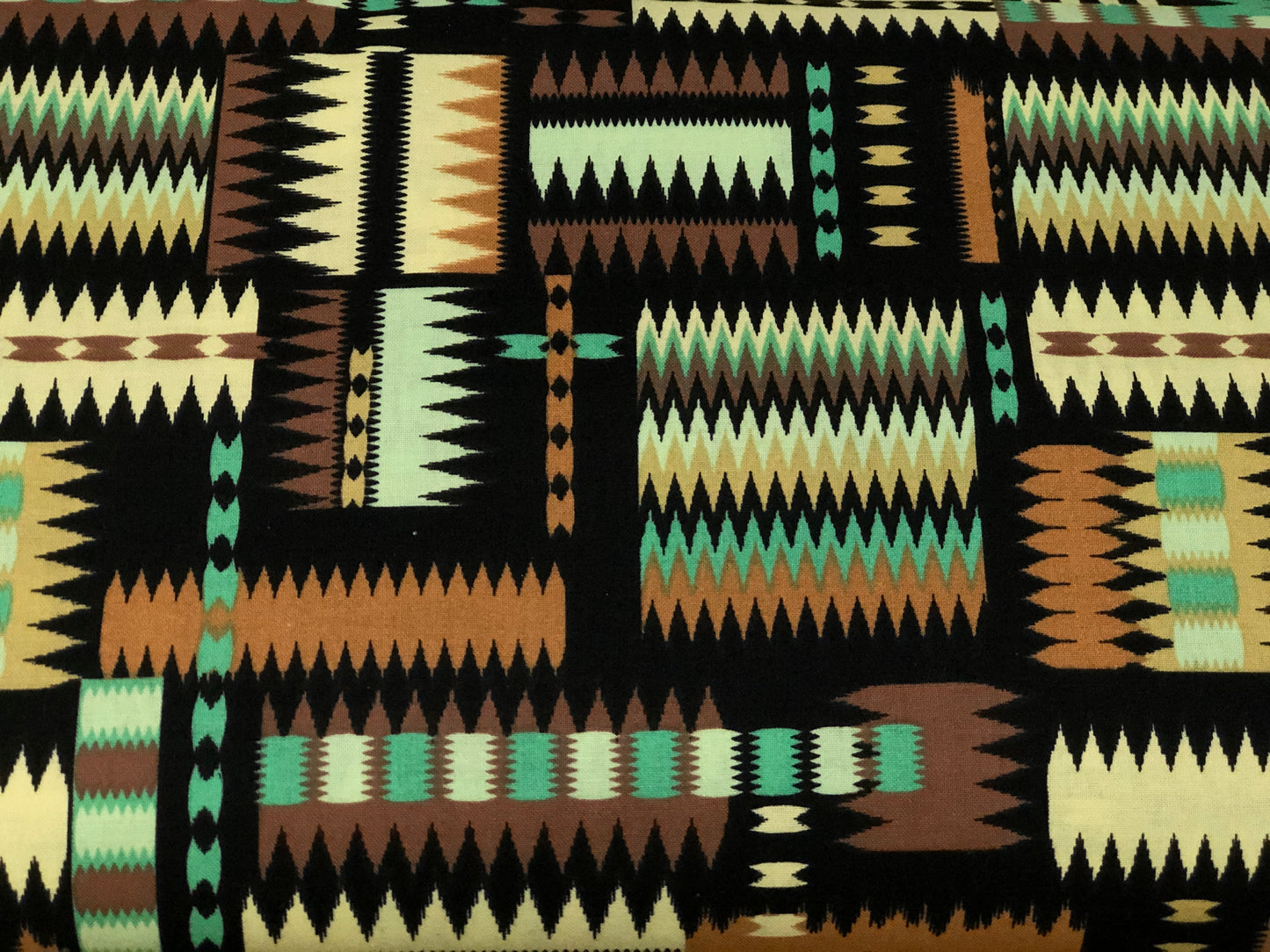 Asian Prints- Black, teal and neutrals zig zag blocks $12.96/m