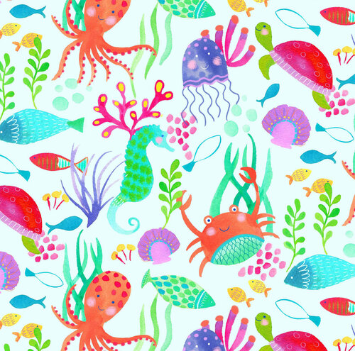 Flannel Print -3241- Ocean creatures on teal $12.96/m