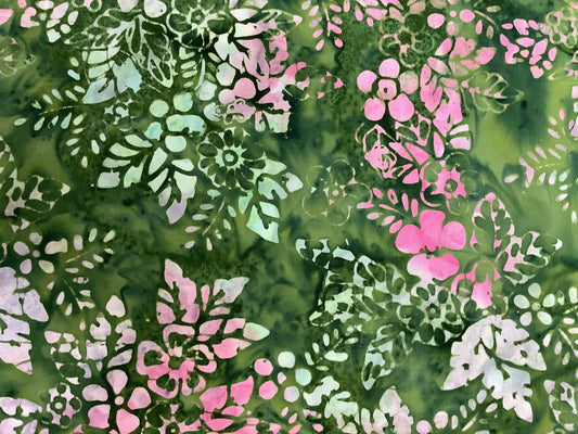Batik Green with Pink Flowers $14.96/m