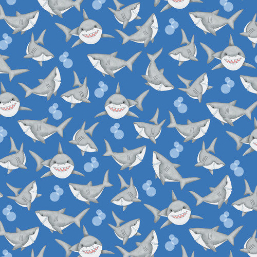 Comfy prints -Sharks and bubbles on blue N-0903-77  $16.96/m