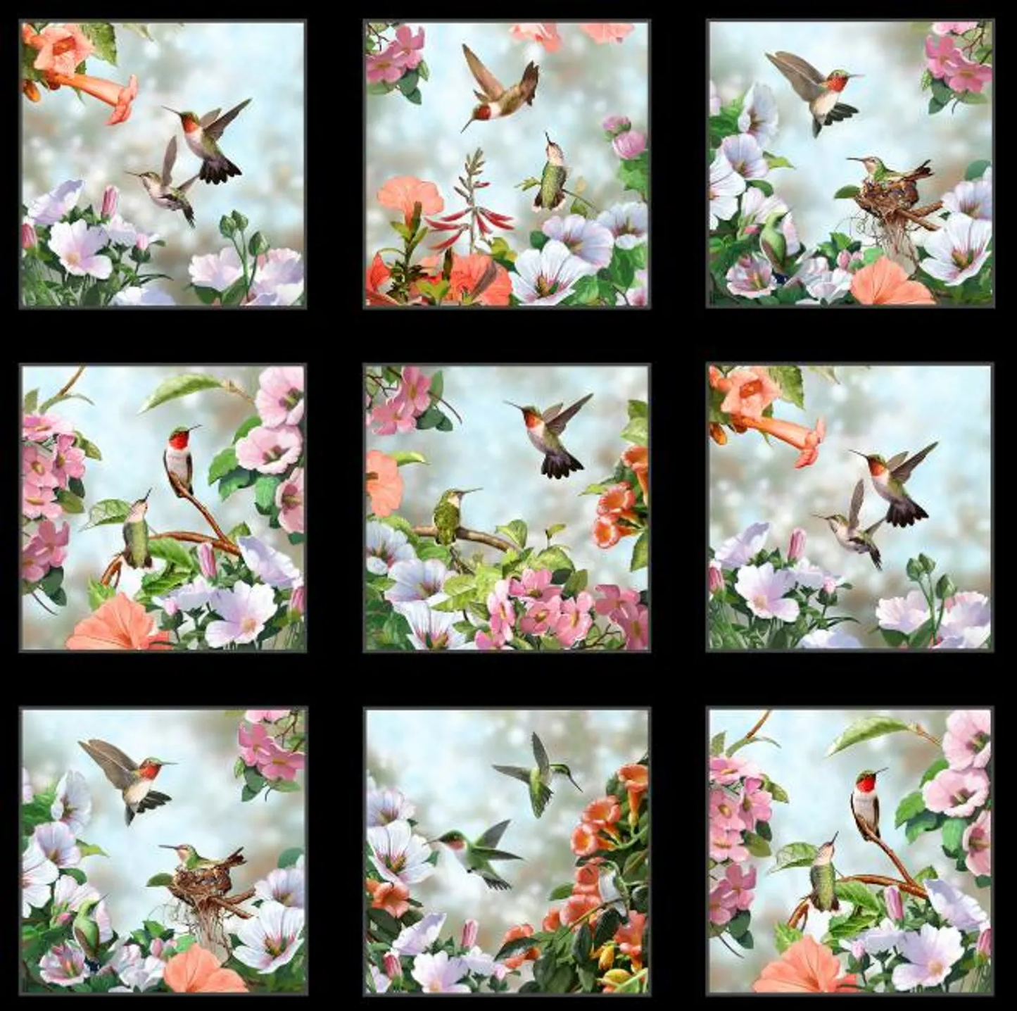 Hummingbirds Blocks Quilt Cotton Fabric Panel from Dating Game by Bradley Jackson -Elizabeths Studio #40006E-BLACK - 24" x 44" Fabric Panel $15.95