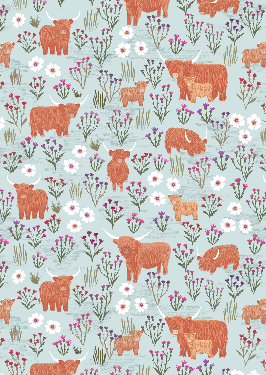 A Celtic Summer meadow Highland on breezy blue - A987B $$24.96/m