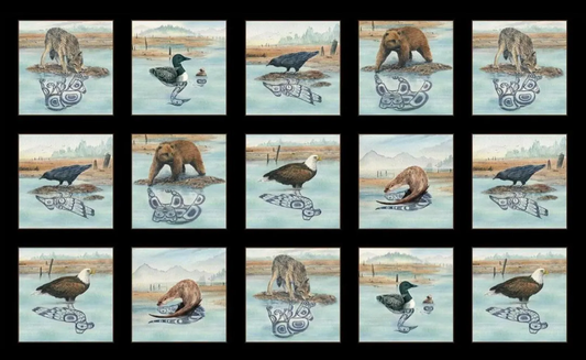 Elizabeth Studio Native Reflections Black Wildlife Block Cotton Quilt Fabric Panel 24" x 43" $15.96