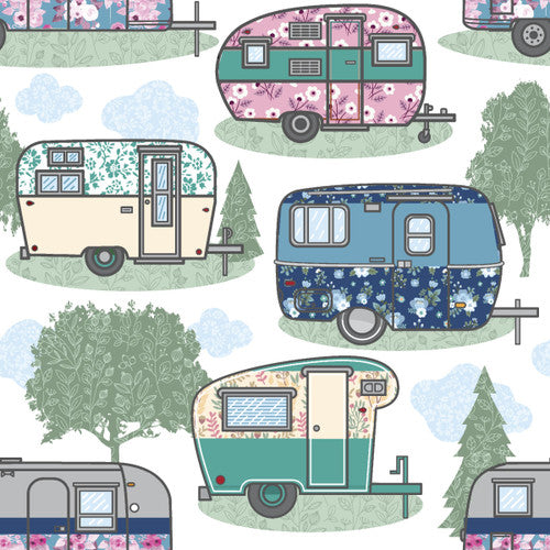 Comfy prints -Glamorous campers print on a white ground 15313-White $16.96/m