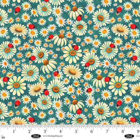 Luminous Haven-4457-67 Aqua-Daises and Ladybugs