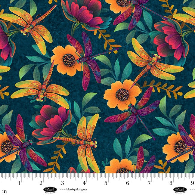 Luminous Haven-4453-76 Ocean Blue-Dragonflies and Flowers $21.96/m