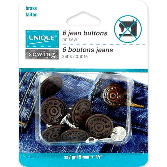 UNIQUE SEWING Jean Buttons No Sewing - Antique Brass - 6pcs. - 15mm (5⁄8″)