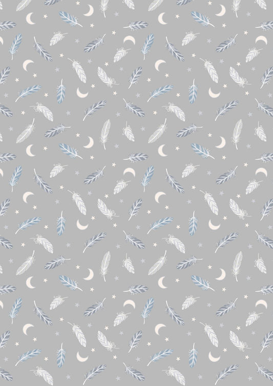 Enchanted by Lewis and Irene - Feathers and Stars on Grey - Metallic $21.96/m