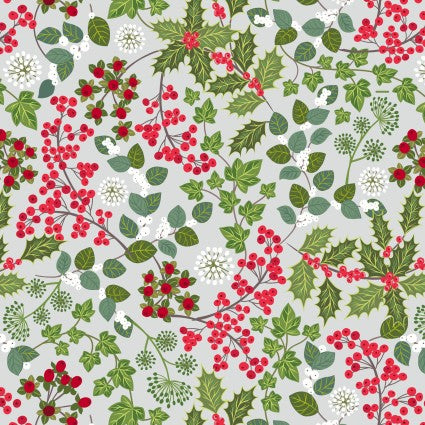 WINTER BOTANICAL BY LEWIS & IRENE-- Holly and ivy on light silver with pearl  $22.96/m