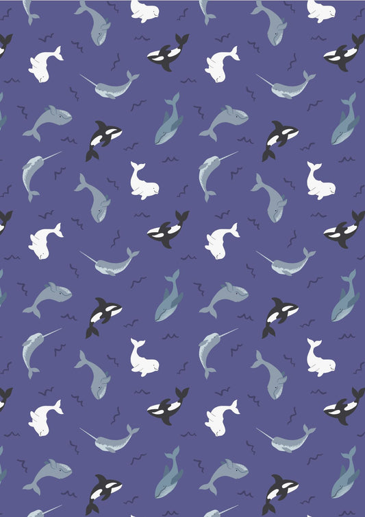 Small Things - Polar animals by Lewis and Irene - Whales on Indigo Blue with Pearl $21.96/m