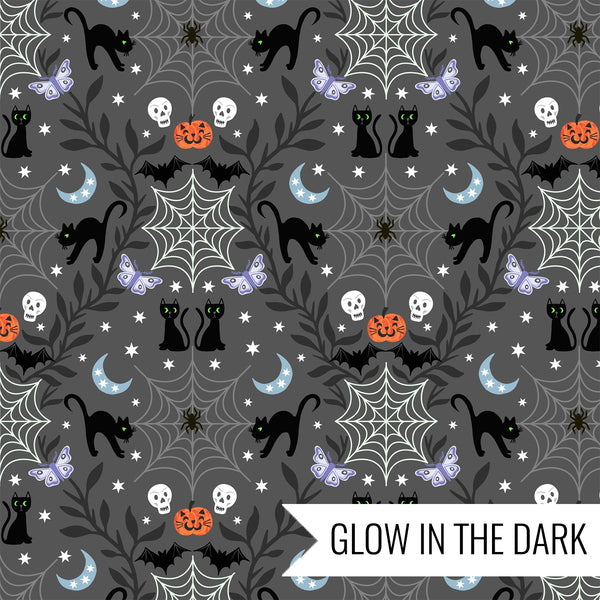 Castle Spooky - Cobwebs and Cats in Grey (Glow in the dark) $21.96/m