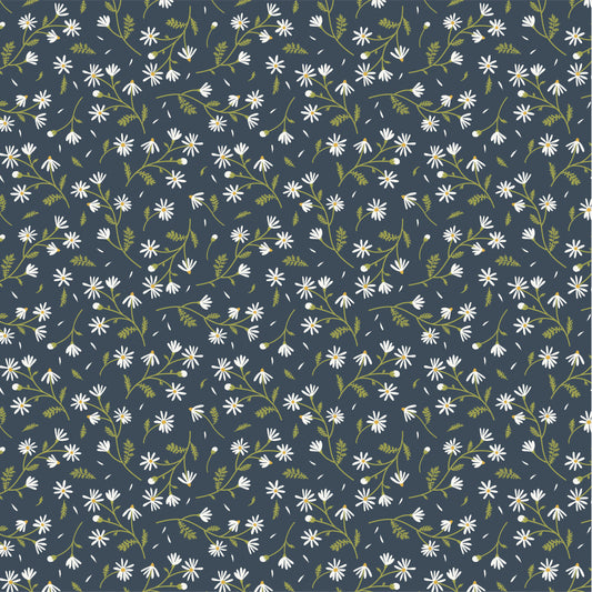 Poppie cotton Sunshine & Chamomile Chamomile on navy $20.96/m