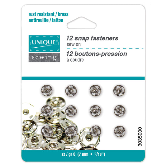 UNIQUE SEWING Snap Fasteners Nickel - size 0 / 7mm (1⁄4″) - 12 sets