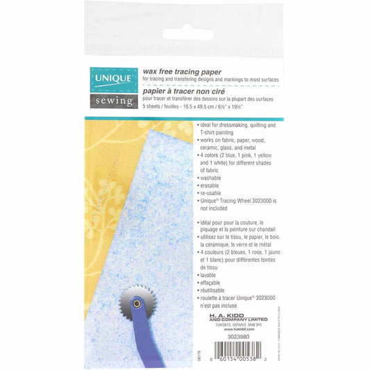 UNIQUE SEWING Tracing Paper Assorted Colours - 16.5 x 49.5cm - 5 sheets