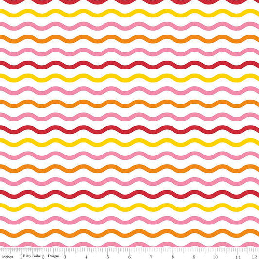 Wavy Pink, Red, Yellow and Orange Stripes on White: Colorfully Creative - Crayola Color Me Serpentine by Riley Blake $18.96/m
